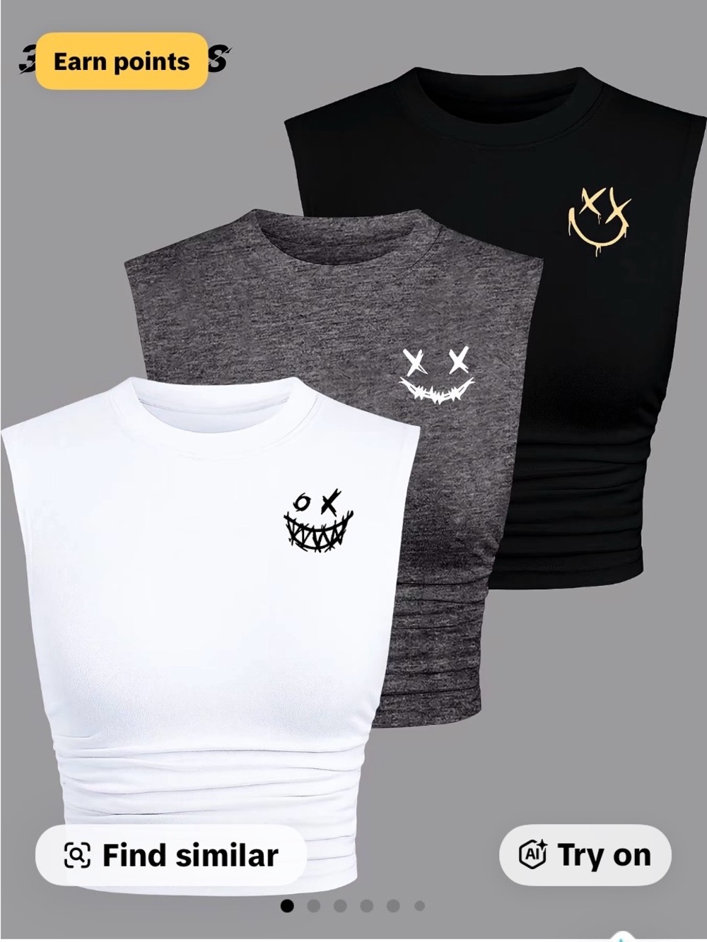 Women’s Sleeveless Cropped Tank Top with Smiley Graphic - White, Gray, Black